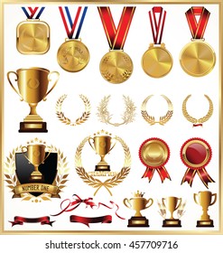 Gold trophy and medal with laurel wreath vector collection