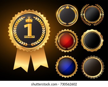 Gold trophy and medal with laurel wreath vector illustration