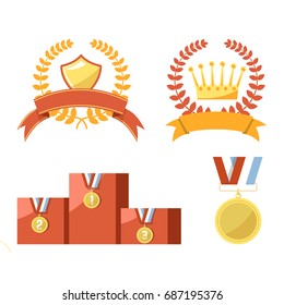 Gold trophy medals and emblems isolated illustrations set