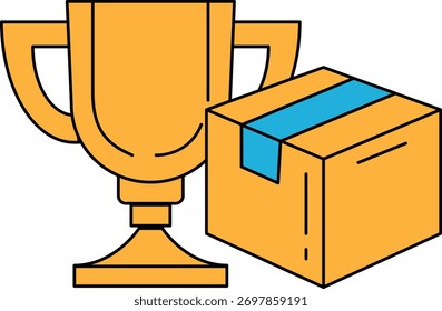 Un trofeo de oro está al lado de una caja de cartón. El trofeo es un símbolo de logro y la caja es un símbolo de algo que ha sido recibido o entregado. Concepto de logro y anticipación
