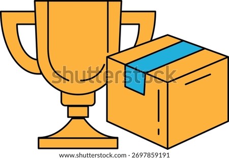 A gold trophy is next to a cardboard box. The trophy is a symbol of achievement and the box is a symbol of something that has been received or delivered. Concept of accomplishment and anticipation