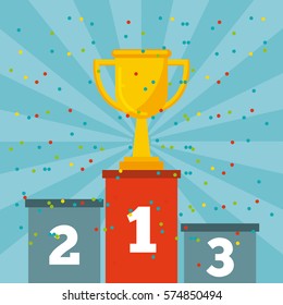 gold trophy on a podium of first place over blue background. colorful design. vector illustration