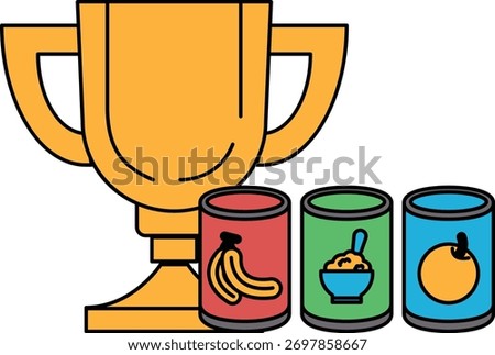 A gold trophy is on top of a table with three cans of food and a bowl. The trophy is a symbol of achievement, while the cans and bowl represent the importance of food and nourishment