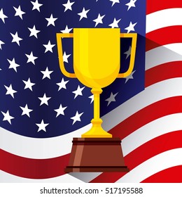 gold trophy over usa flag background. colorful design. vector illustration