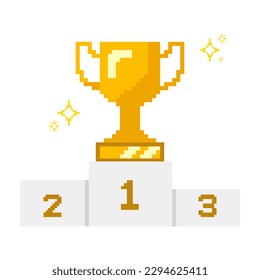 Gold trophy pixel art on the on the podium with sparkling star.