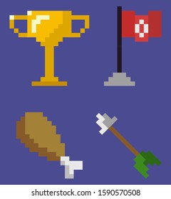Gold trophy pixel game icons vector, isolated set of chicken leg with bone, arrow with metal pointer and flag with symbol on pole, 8 bit graphics flat style