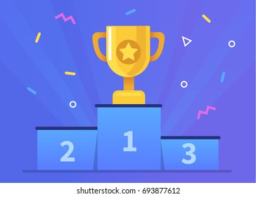 Gold trophy placed on podium. Flat style modern vector illustration.