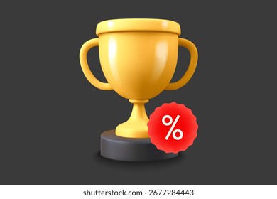 Trofeo de oro con etiqueta roja. Concepto de descuento. Icono de Vector 3D 