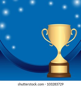 gold trophy with space for copy over blue background. vector illustration