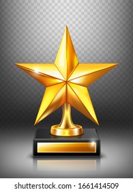 Gold trophy with star, modern winner award. Vector realistic mockup of golden prize to best film, achievement, sport victory or academy success. Yellow star statue isolated on transparent background