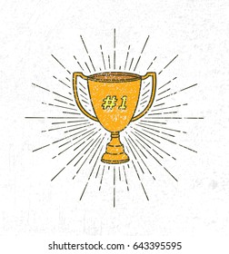 Gold trophy with sun burst on grunge background