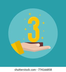 Gold Trophy for Third Place in Hand. Award for Winner. Achievement, Victory, Sport Concept. Vector Illustration Flat Style Design