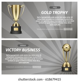 Gold trophy for victory business vector illustration. Prize for successful business project. Honorable award for great achievements in marketing and teambuilding. Perspective startup winning reward.