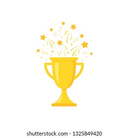Gold trophy, winning cup with firework  stars isolated on white background. First place, award bowl. Symbol of success, victory, championship. Vector flat illustration. 