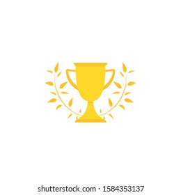 Gold trophy, winning cup with laurel wreath isolated on white background. First place, award bowl. Symbol of success, victory, championship. Vector flat illustration. 