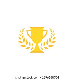 Gold trophy, winning cup with laurel wreath isolated on white background. First place, award bowl. Symbol of success, victory, championship. Vector flat illustration. 