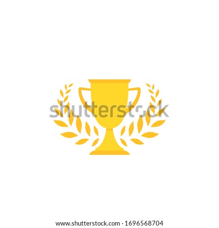 Gold trophy, winning cup with laurel wreath isolated on white background. First place, award bowl. Symbol of success, victory, championship. Vector flat illustration. 