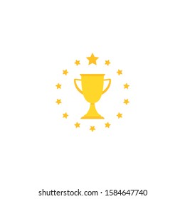 Gold trophy, winning cup with  stars circle isolated on white background. First place, award bowl. Symbol of success, victory, championship. Vector flat illustration. 