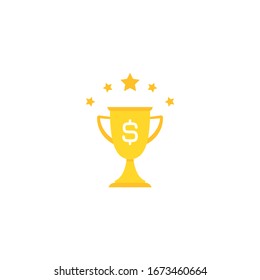 Gold trophy, winning cup with  stars and dollar sign isolated on white background. First place, award bowl. Symbol of success, victory, championship. Vector flat illustration. 