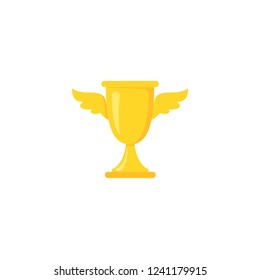 Gold trophy, winning cup with wings isolated on white background. First place, award bowl. Symbol of success, victory, championship. Vector flat illustration. 