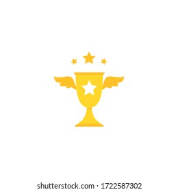 Gold trophy, winning cup with wings and stars isolated on white background. First place, award bowl. Symbol of success, victory, championship. Vector flat illustration. 