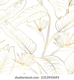 Gold tropical background with strelitzia leaves and flowers on white background. Flower paradise seamless pattern.