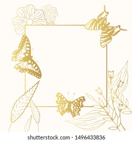 Gold tropical butterflies frame with floral elements. Gorgeous monarch border with gold flowers and leaves. Vector isolated illustration.