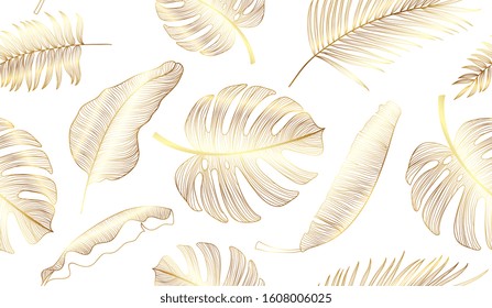 Gold Tropical leaf seamless pattern background, Gold texture with floral and palm leaf vetor.