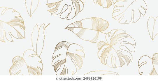 Vector de fondo de hojas tropicales doradas. Diseño de lujo de Fondo de pantalla de línea dorada de Monstera. Hojas de palma, textura floral de la palma de la selva, hoja tropical. Ilustración vectorial