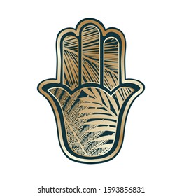 Gold tropical leaves inside ancient Middle Eastern amulet representing Hand of God, vector