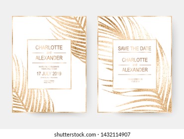 Gold tropical palm leaves frames design invitation template background.