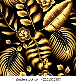 gold tropical plants seamless pattern on dark background. banana leaves illustration with coconut leaf and foliage seamless pattern. Floral background. nature wallpaper. Nature ornament for textile.