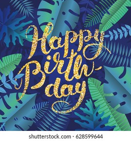 Gold Tropical summer paper background. Summer time tropic holiday illustration banner, header, sale. Poster party, sticker, billboard, web site. Golden Abstract green backdrop text, type, font scriptd