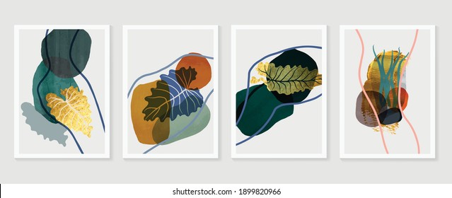 Gold tropical wall arts vector. Botanical  line art drawing with watercolor brush.  Plant Art design for wall framed prints, canvas prints, poster, home decor, cover, wallpaper.