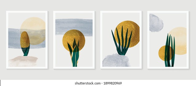 Gold tropical wall arts vector. Botanical  line art drawing with watercolor brush.  Plant Art design for wall framed prints, canvas prints, poster, home decor, cover, wallpaper.