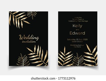 Gold Tropical Wedding Invitation Against Black Background