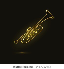 Gold trumpet. Colorful glowing of vector illustration. Music Promotion. Trumpet Gold Sign. Gold line icon. Entertainment and karaoke music icon. Musical instrument. Isolated on black background.
