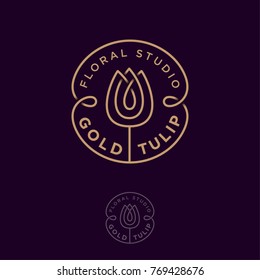 
 Gold tulip logo. Flower studio emblem. Beautiful linear logo, in the form of a tulip with letters in the circle.
