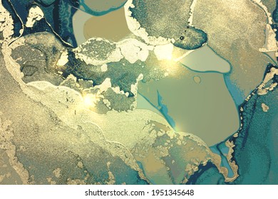 Gold and turquoise abstract alcohol ink marble texture. Vector shining background with glitter. Template for banner, poster design. Fluid art painting