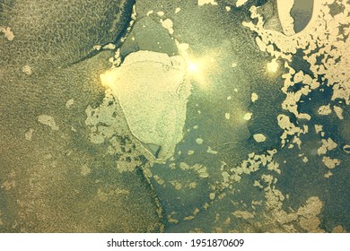 Gold, turquoise and green abstract alcohol ink marble texture. Vector shining background with natural pattern and glitter. Template for banner, poster design. Fluid art painting