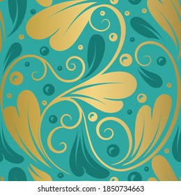 Gold and turquoise  leaves seamless pattern. Vintage vector ornament template. Paisley elements. Great for fabric, invitation, background, wallpaper, decoration, packaging or any desired idea.