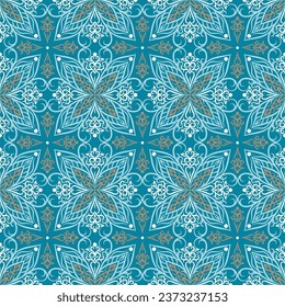 Gold and turquoise seamless pattern. Ornament, Traditional, Ethnic, Arabic, Turkish, Indian motifs. Background for fabric, textile, wallpaper, packaging design, decoration.