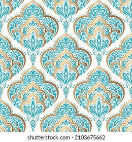 Gold and turquoise vector seamless pattern. Ornament, Traditional, Ethnic, Arabic, Turkish, Indian motifs. Great for fabric and textile, wallpaper, packaging design or any desired idea. 