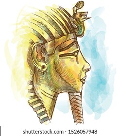 Gold Tutankhamon Mask Watercolor  Hand Drawn 