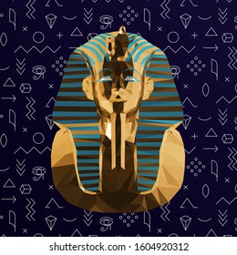 Gold Tutankhamun Burial Mask on Purple Background. Shiny Metallic Golden Low Poly Vector 3D Rendering