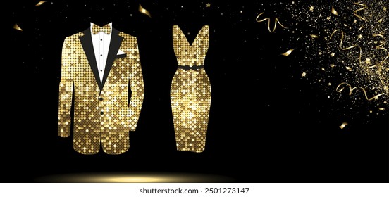 gold tuxedo and gold evening dress with gold confetti on a black background