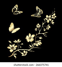 Gold twig sakura blossoms and butterflies. Vector illustration