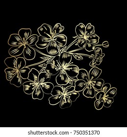 Gold twig sakura blossoms on black background. Vector illustration