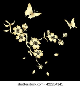 Gold twig sakura blossomson on black background. Vector illustration