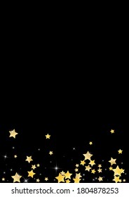 Gold Twinkle Stars Vector Black Background. Effect Star Border. Rain Wallpaper. Yellow Falling Glow Banner.